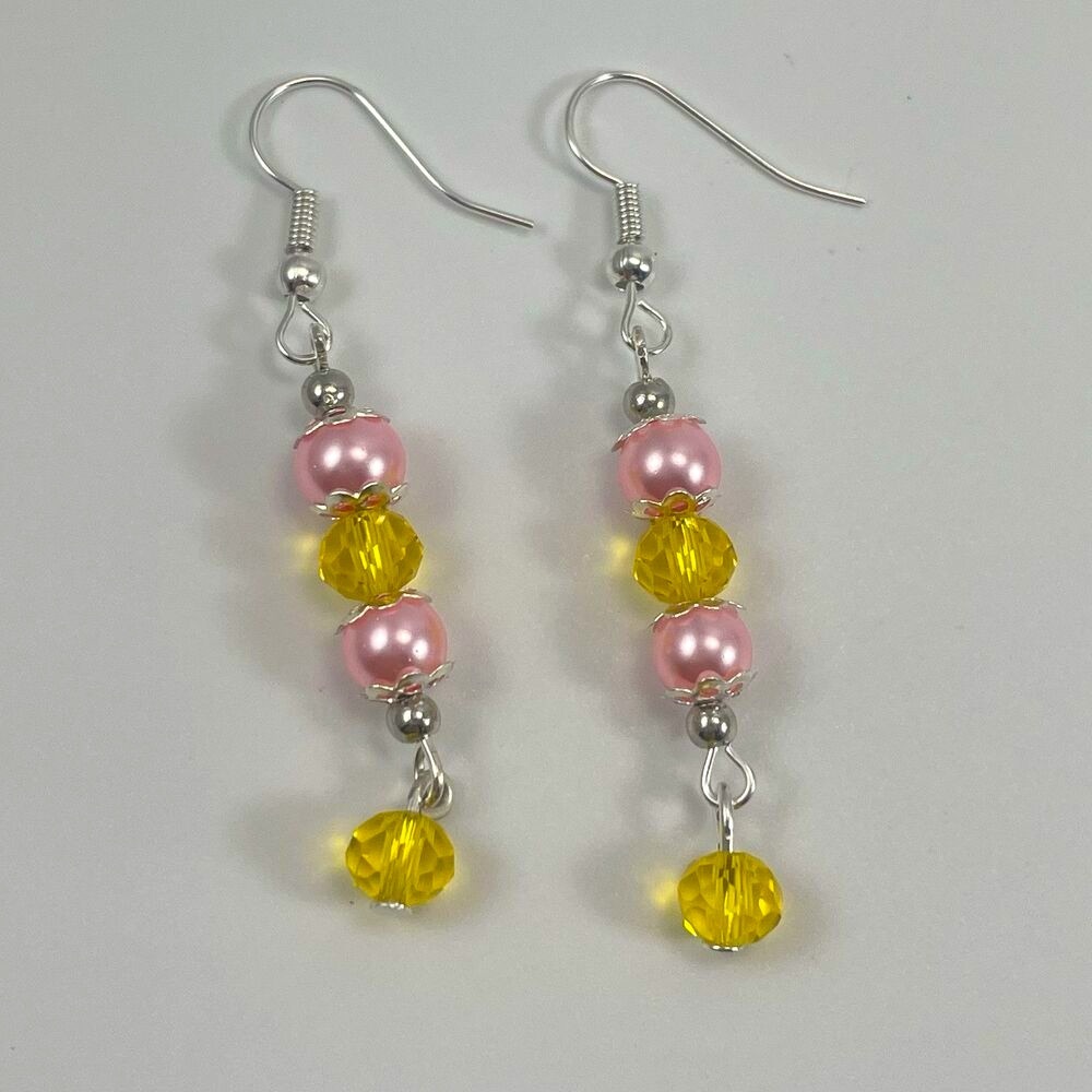 Artisan Hand Crafted Yellow Glass Pink Glass Pearl Beaded Earrings Boho Dangle